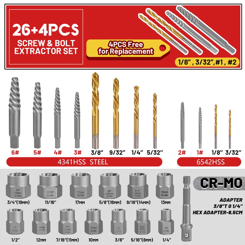 UYECOVE 30 Pcs Spiral Screw Extractor Bolt Extractor Set  6542/4341 HSS Left Hand Drill Bit Set  Stripped Bolt Remover Borken Bolt Extractor Kit for Removing Nuts Bolts with Solid Storage Case - Image 2